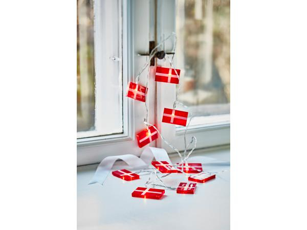 LED lyskæde m. 10 danske flag 50 cm Rød/Hvid